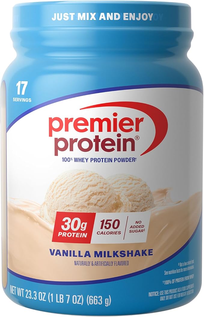 Premier Protein Powder Vanilla Milkshake 30g Protein 1g Sugar 100% Whey Protein Keto Friendly No Soy Gluten Free 23.3 oz (17 Servings)
