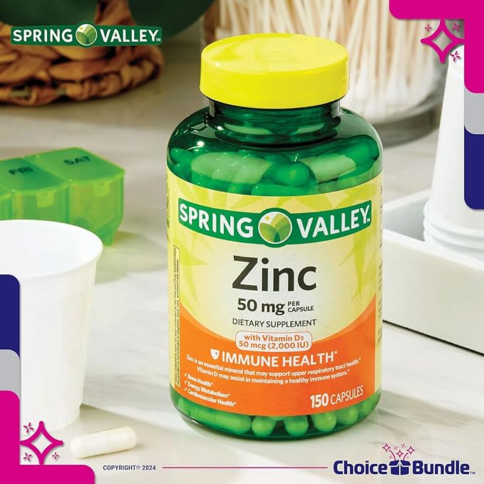 Spring Valley Zinc 50 mg with Vitamin D 50 mcg 150 Ct Immune Health Dietary Supplement Capsules 2 pk (300 Total) + Vitamin Vitality &amp Pill Container (4 Items)!