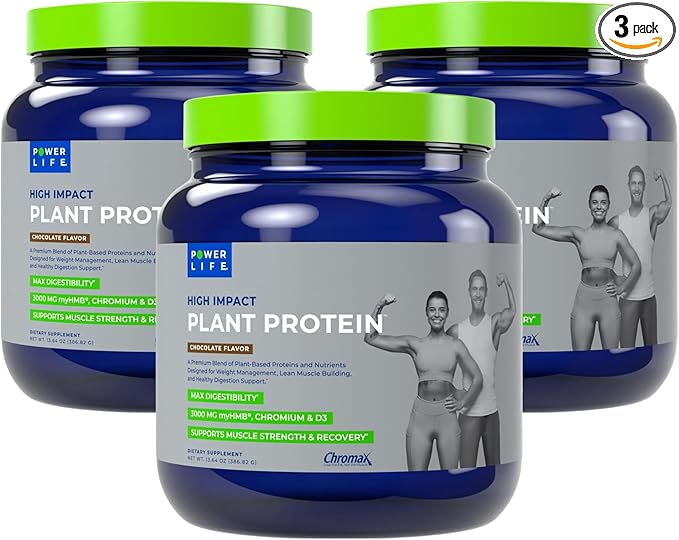 POWERLIFE High Impact Plant Protein Powder with 3000 MG of HMB Plant-Based No Sugar Added Vegan Keto Friendly Non-GMO (Chocolate - New Formula) - 3 Pack