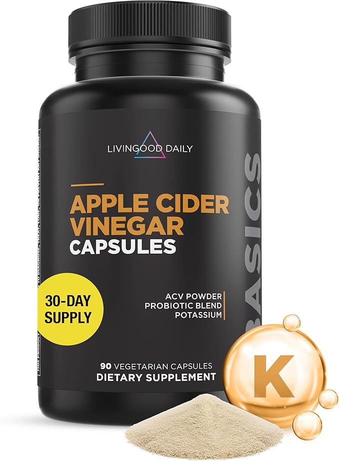 Livingood Daily Apple Cider Vinegar Capsules with The Mother (1500mg) - ACV Pills with Probiotics &amp Potassium for Women &amp Men - Supports Gut Health Digestion Appetite &amp Weight - Vegan 9
