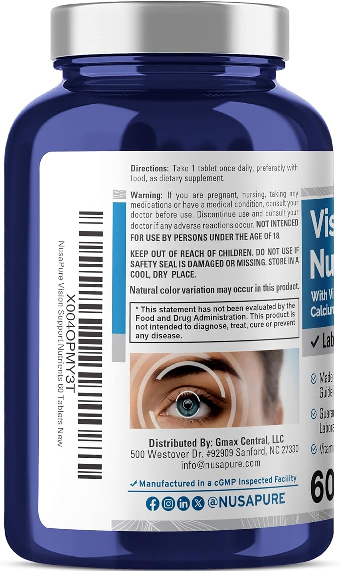 NusaPure Vision Support Nutrients with Vitamin A C E Calcium Zinc Selenium Copper Lutein 60 Tablets Non-GMO Dietary Supplement
