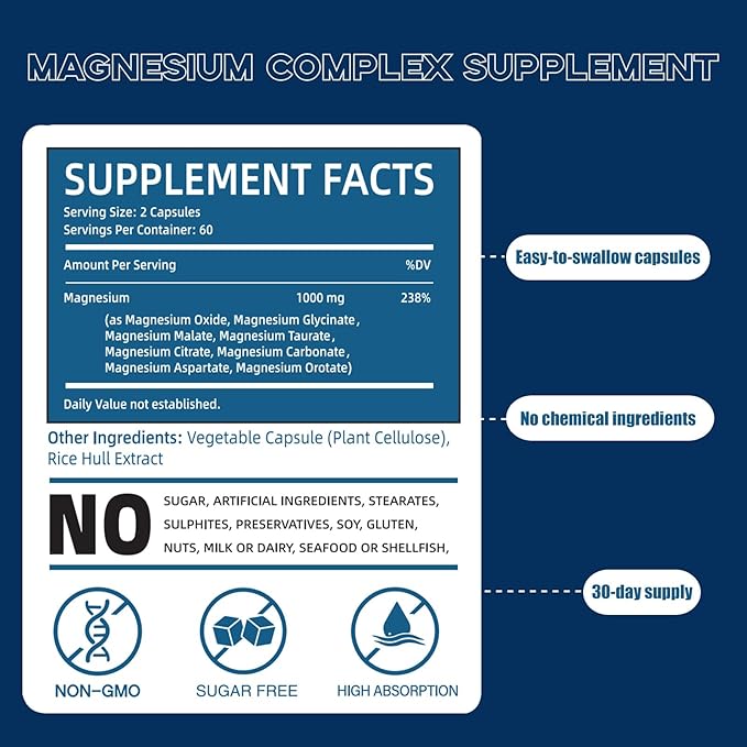 Magnesium Complex Supplement 120 Capsules (Provided by 1000 mg of Eight Different Forms of Magnesium) 100% Daily Recommended