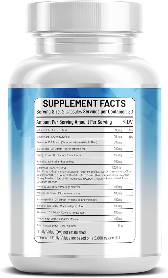 Sea Moss Complex with Black Seed Oil Ashwagandha Burdock Root Shilajit Amla Moringa Turmeric Manuka Ginger Vitamin C Vitamin D3 120 Count (Pack of 2)