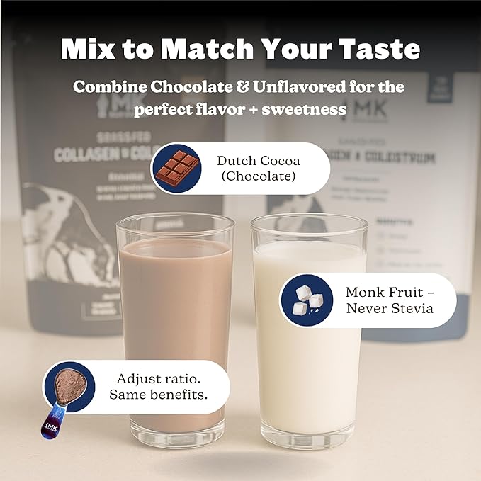 MK Supplements Grass-Fed Collagen &amp Colostrum Powder | 10g Collagen + 3g Colostrum (IgG 21%) Per Serving | Unflavored | Gut Skin &amp Joint Support | 30 Servings