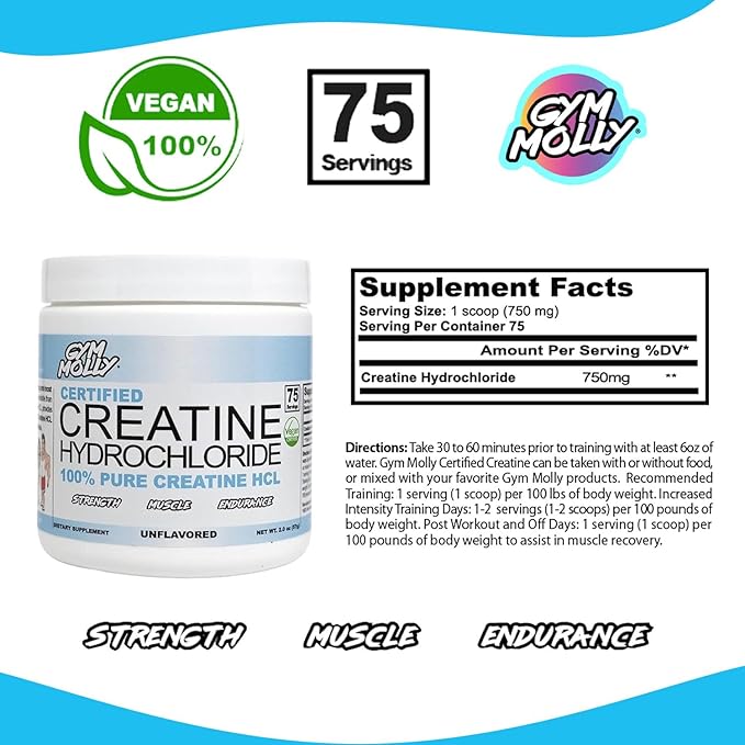 Gym Molly Creatine Hydrochloride Powder Highly Soluble Creatine Hydrochloride Unflavoured Vegan Workout Supplement for Men and Women Muscle Builder Creatine Supplement (75 Servings 750mg)