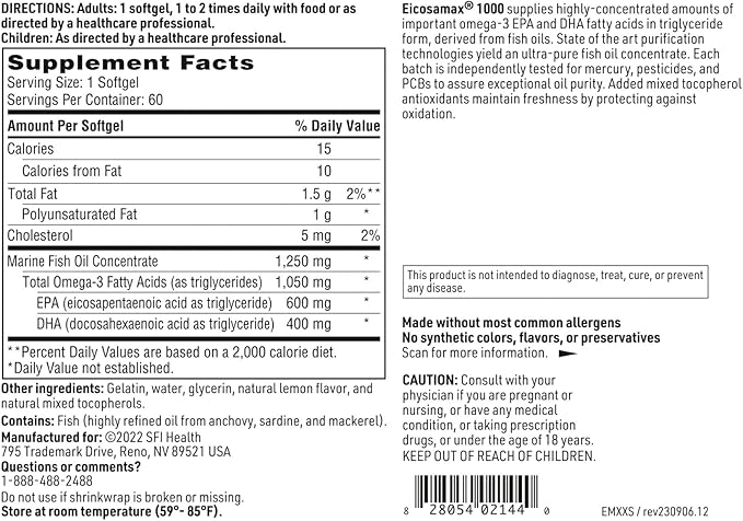 Klaire Labs SFI Health Eicosamax 1000 TG Fish Oil - 1000 mg EPA/DHA per Soft Gel Ultra Pure Omega-3 Fish Oil Pills - Sustainably Sourced - Natural Lemon Flavor for No Fishy Burps (60 Softgels)