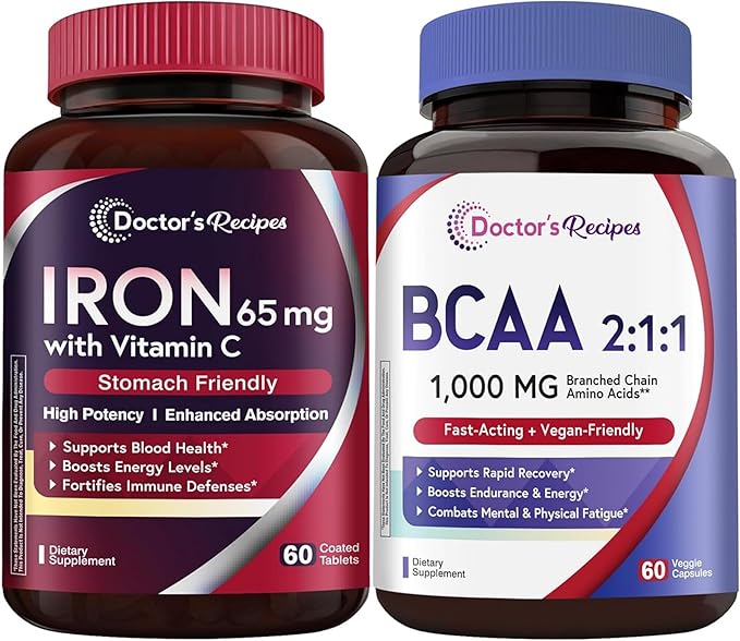 Doctor's Recipes Iron + BCAA Bundle – Iron 65 mg with Vitamin C for Absorption &amp Red Blood Cell Support + 2:1:1 BCAA for Energy Endurance &amp Faster Recovery – Vegan Non-GMO Daily Wellness Pac