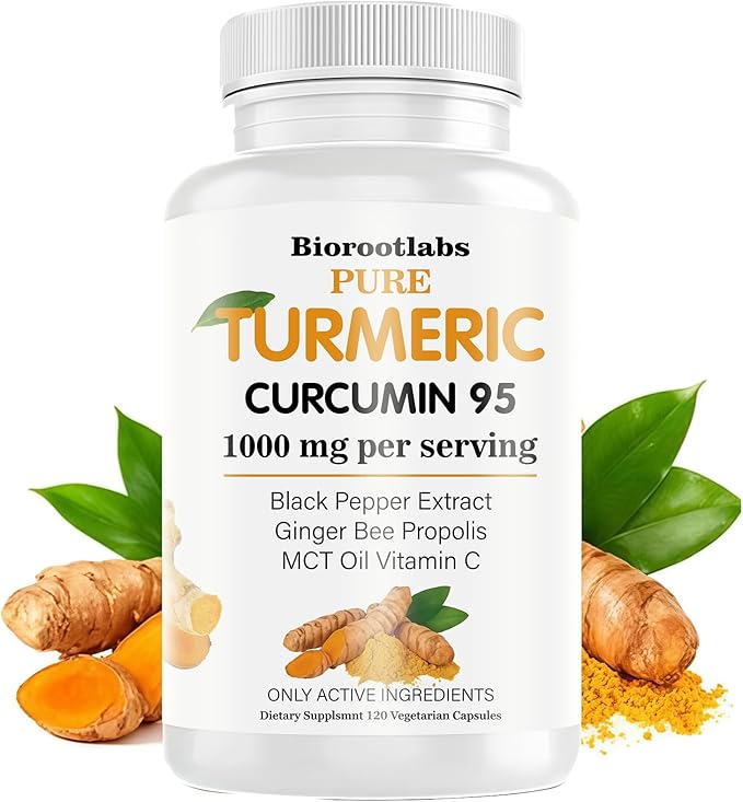 Biorootlabs Turmeric Curcumin | Pure Turmeric Curcumin Supplement 1000mg | 95% Curcuminoids with Bee Propolis Ginger MCT Oil Fat Soluble Vitamin C &amp Black Pepper 120 Capsules (1)
