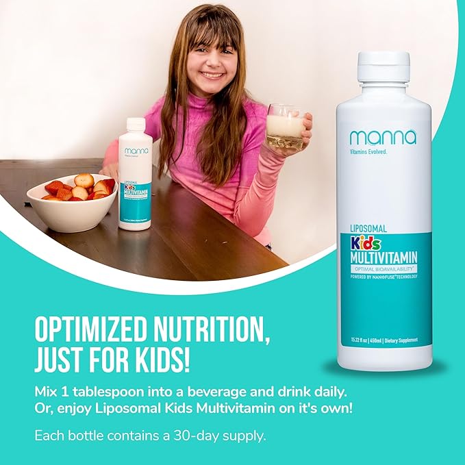 Manna Vitamins Evolved Liposomal Kids Multivitamin - Vitamin D3 &amp Vitamin A - Vitamin B12 &amp Vitamin C Supplement - Children's Liquid Multivitamin - Immune Support Supplement for Children