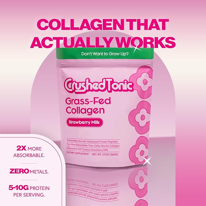 Crushed Tonic Korean Beauty Collagen Powder | Hydrolyzed Bovine Collagen Peptides for Skin Hair &amp Nails | K-Beauty Drink | Gluten-Free Halal &amp Kosher (Strawberry Soda 30 Servings (150 g) P