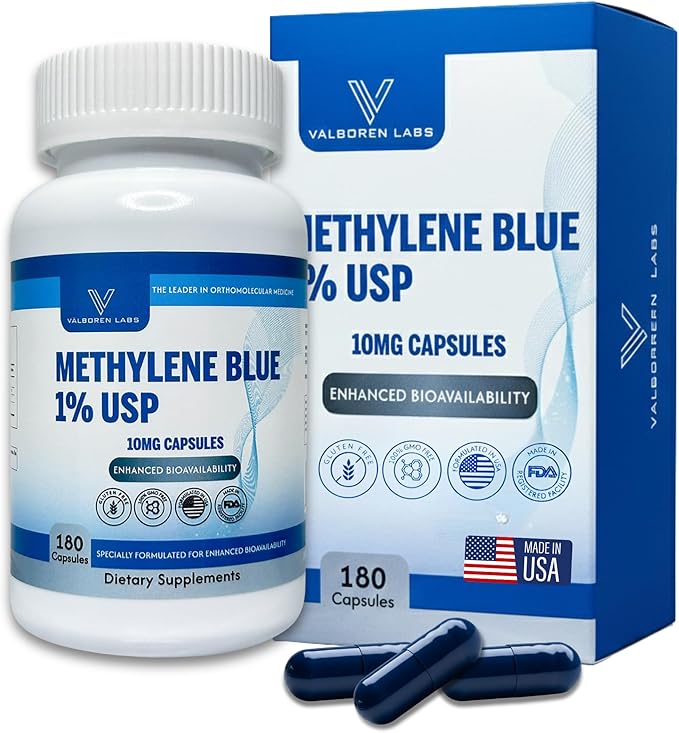 Methylene Blue Capsules 10mg - Pharmaceutical Grade Supplement - Trusted Made in America Brand - (USP Reference Compliant) with Vitamin C Ester Enhanced Absorption - Third Party Tested - 180 Pills