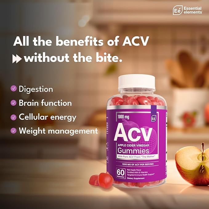Essential Elements Apple Cider Vinegar Gummies from The Mother - Naturally-Sourced Vegan ACV with Folic Acid and Vitamin B6 &amp B12 (2 Pack)