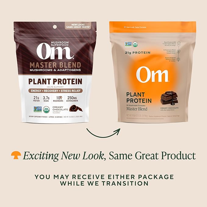 OM MUSHROOM SUPERFOOD Master Blend Vegan Protein – Organic Chocolate Plant Protein with 10 Mushrooms Ashwagandha BCAAs &amp B12 – Energy Recovery &amp Immune Support – 1.2 lb (16 Servings)