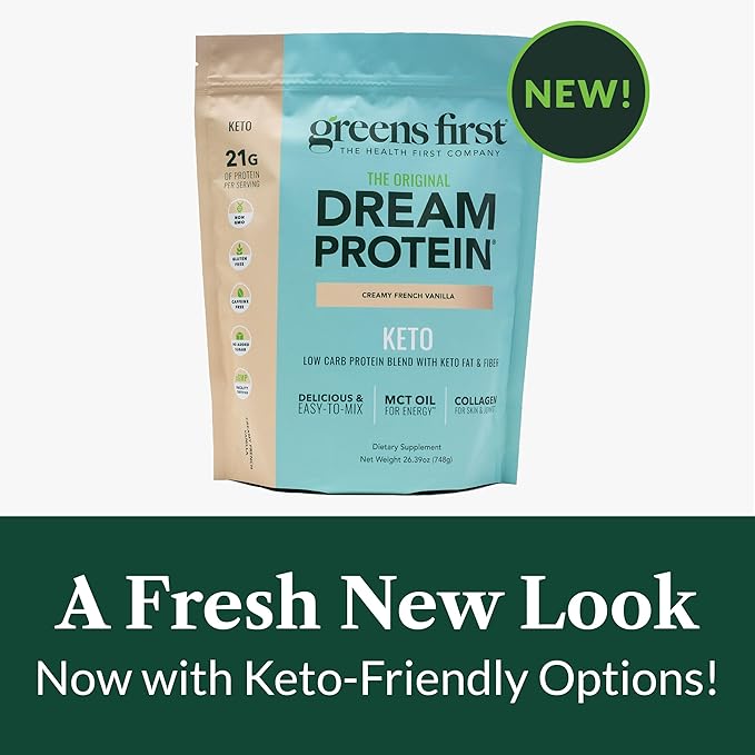 Greens First Dream Protein Powder Keto - 21g Protein Per Serving - Low Carb - with MCT Oil &amp Collagen - Non-GMO Gluten-Free Caffeine-Free (Creamy French Vanilla 26.39 oz)