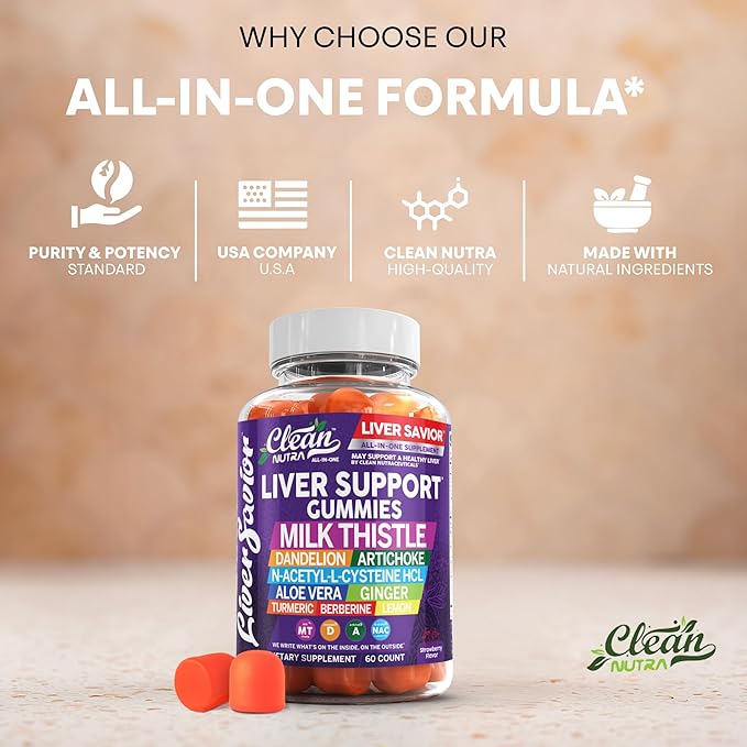 Clean Nutra Liver Cleanse Detox &amp Repair Gummies | Milk Thistle Gummy Liver Support Vitamins | Dandelion Artichoke Aloe Vera Ginger Berberine Lemon N-Acetyl-L-Cysteine Turmeric Supplement H