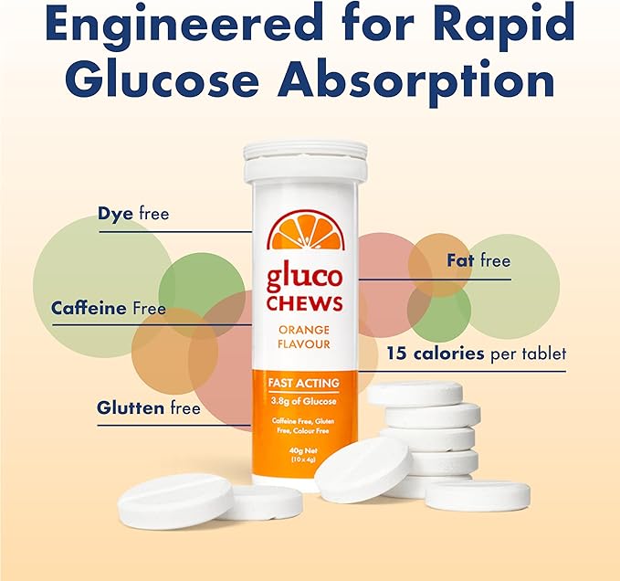 Glucochews Orange Glucose Tablets – 60 Tablets (10 per Tube 6 Pocket-Sized Tubes) – 3.8g Fast-Acting Glucose Each – Boosts Energy &amp Blood Sugar – Gluten-Free Fat-Free Caffeine-Free