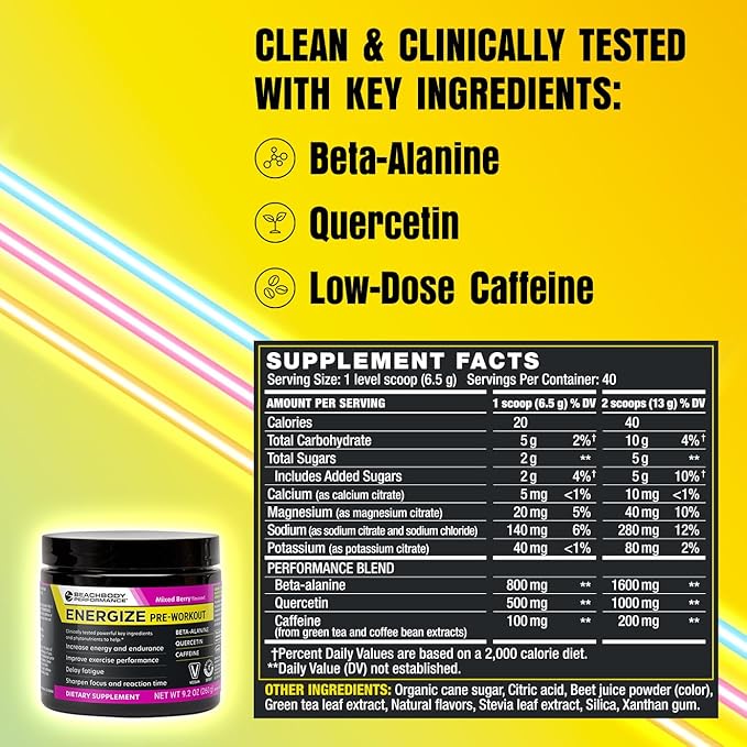 BODi Energize Pre Workout Powder - Beta-Alanine Quercetin &amp Low-Dose Caffeine Formula for Enhanced Energy &amp Focus Increase Energy &amp Endurance Supplement Mixed Berry 40 Servings