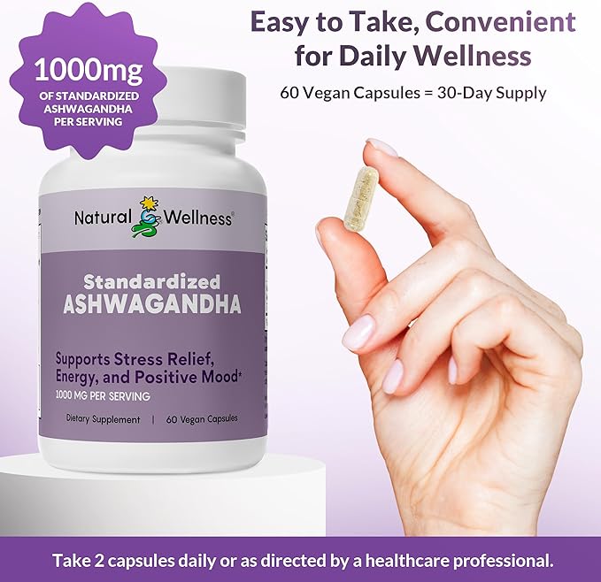 Natural Wellness Ashwagandha Root Extract 1000 mg – High Potency Stress Relief &amp Mood Support – Promotes Relaxation Sleep &amp Energy Balance – Standardized to 7% – 60 Vegan Capsules (30 Day Sup