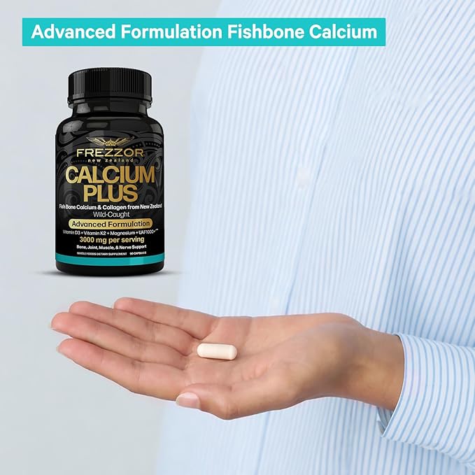 FREZZOR Calcium Plus with UAF1000+ New Zealand Natural Raw Calcium Supplement for Bones Teeth Gut Health &amp Cardiovascular Support Phosphorus Magnesium Collagen Selenium 90 Capsules 1 Bot