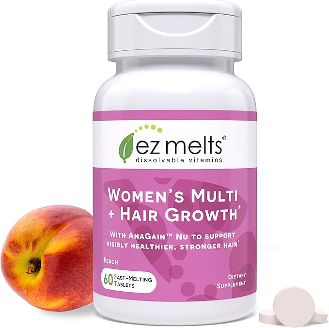 EZ Melts Women's Multi + Hair Growth - Daily Multivitamin for Women - Supports Healthy Energy Levels &amp Reduced Hair Shedding - Non-GMO &amp Vegan - Peach - 60 Dissolvable Tablets (30 Servings)