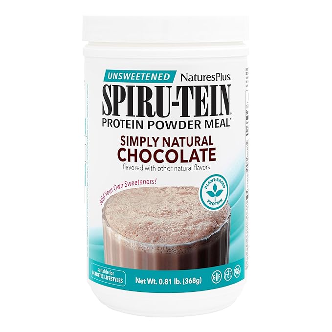 NaturesPlus SPIRU-TEIN Simply Natural Original Chocolate - 0.81 lb - Unsweetened Plant-Based Protein Shake - Non-GMO Vegetarian Gluten Free - 16 Servings