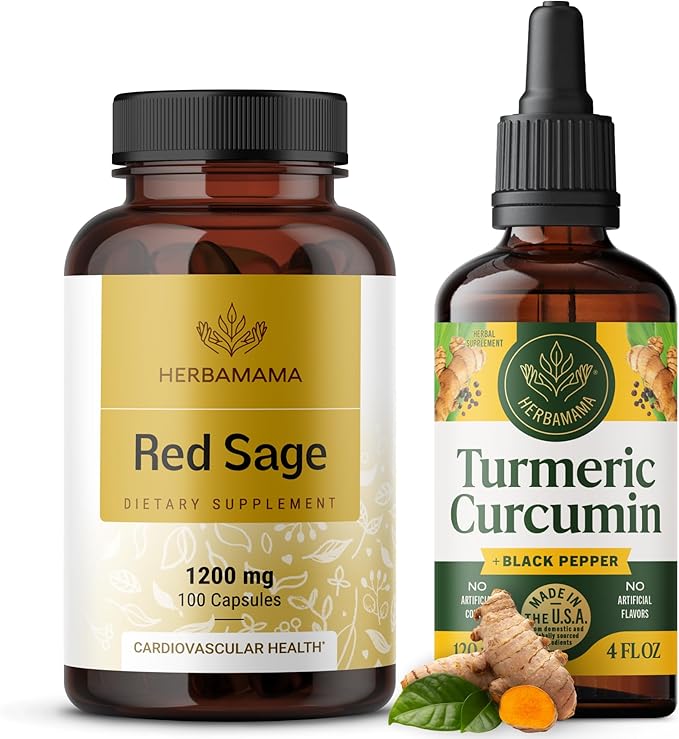 HERBAMAMA Red Sage and Turmeric Kit - Bundle of 1200 mg Red Sage Dan Shen Capsules &amp Turmeric Curcumin Drops 2 fl oz - Vegan Non-GMO Sugar &amp Alcohol-Free - 2 Pack