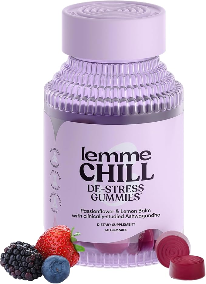 Lemme Chill Stress Relief Gummies with 300mg KSM-66 Ashwagandha Lemon Balm Passionflower &amp Goji to Support Relaxation Healthy Cortisol &amp Sleep - Gluten-Free Non-GMO Mixed Berry (60 Count)
