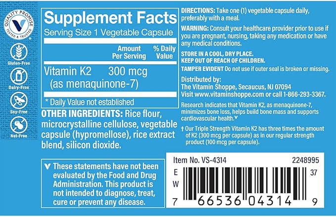 The Vitamin Shoppe Vitamin K2 MK-7 300mcg Triple Strength - Bone &amp Heart Health | Menaquinone-7 | 60 Vegetable Capsules | High Potency