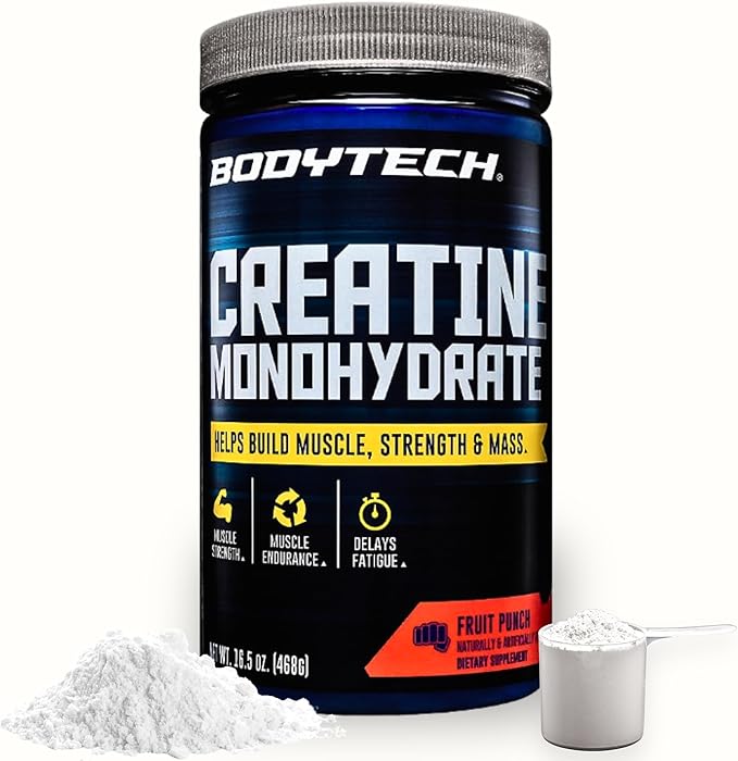 BodyTech Creatine Monohydrate Powder - Fruit Punch Flavor to Enhance Muscle Strength Power and Workout Performance - Supports Muscle Recovery and Growth (16.5 oz / 78 Servings)
