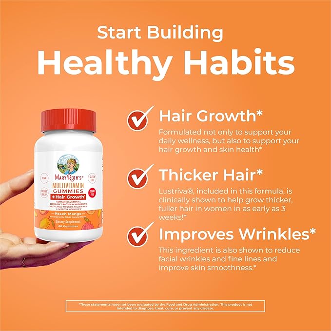 MaryRuth's Multivitamin + Hair Growth Gummies | with Lustriva® | Biotin 10000mcg | B Vitamins | Formulated for Thicker Hair Wrinkles Fine Lines Skin Care | Ages 18+ | 30 Servings (Pack of 2)