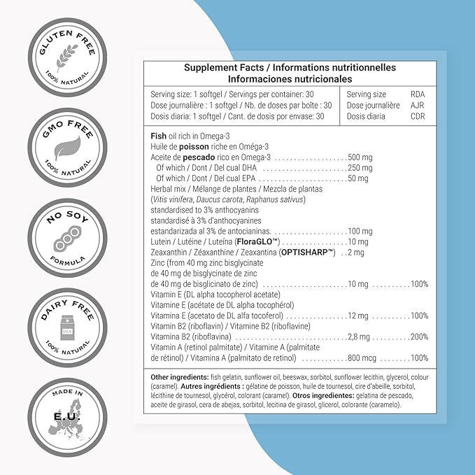 Supersmart OmegaVision Pro - Patented Eye Vitamins with FloraGLO Lutein OPTISHARP Zeaxanthin Omega 3 (DHA/EPA) - Recommended Eye Supplement for Adults Over 50 | Non GMO &amp Gluten Free - 30 Softge