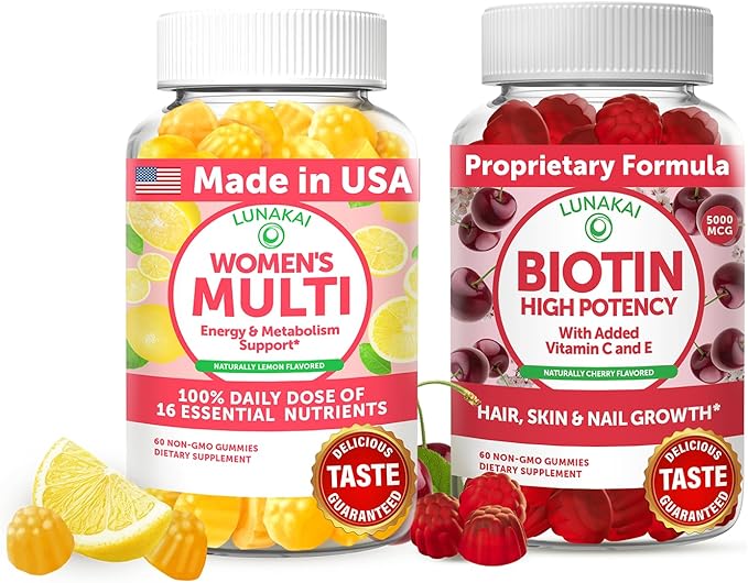 Lunakai USA Made Women’s Multi &amp Biotin Gummies Bundle – 16 Essential Nutrients Biotin 5000 mcg Vitamins C &amp E – 60 Ct Each