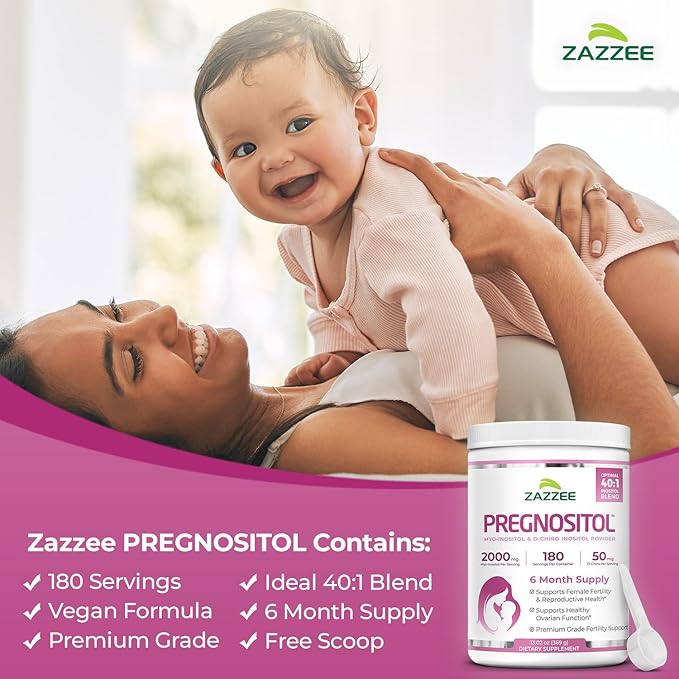Zazzee PREGNOSITOL Powder 6 Month Supply Myo-Inositol and D-Chiro-Inositol 40:1 Fertility Blend Free Scoop for Exact Dosage Premium Balanced Formula 180 Servings Vegan All-Natural and Non-GMO