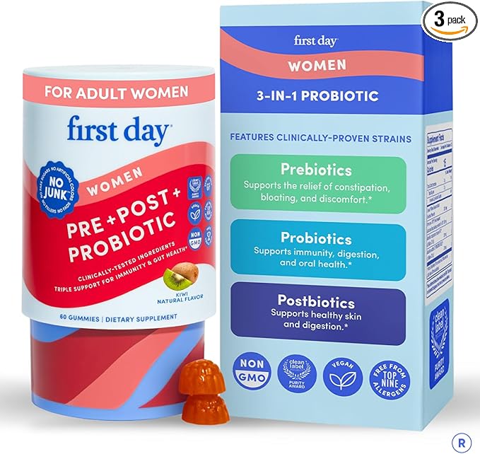 FIRST DAY Womens 3-in-1 Probiotic Gummies – Prebiotic + Probiotic + Postbiotic Supplement – Supports Digestive &amp Oral Health Immune Function &amp Energy Levels – 30-Day Supply