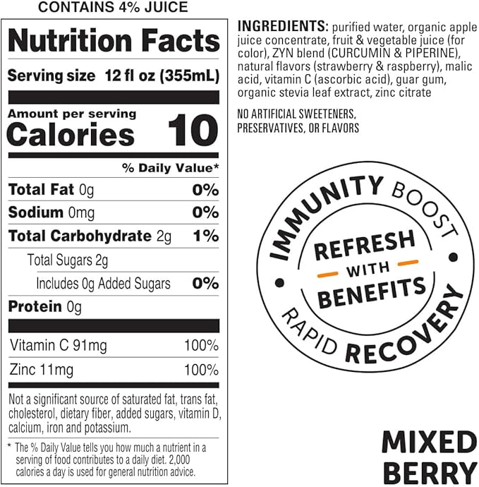 ZYN Turmeric Wellness Drink (24 Pack) Mixed Berry Flavored Turmeric Curcumin Drink with Black Pepper No Added Sugar Low Carb &amp Low Calorie Drink Clean Alternative