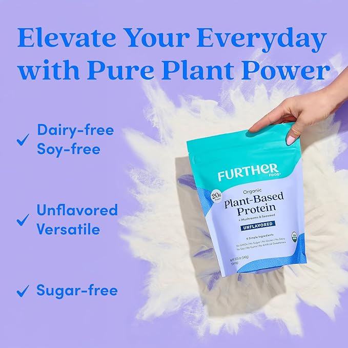 Further Food Organic Vegan Protein Powder Unflavored – 20g Pea Protein with Mushrooms &amp Seaweed Non-GMO Gluten Free Sugar Free 20.46 Oz