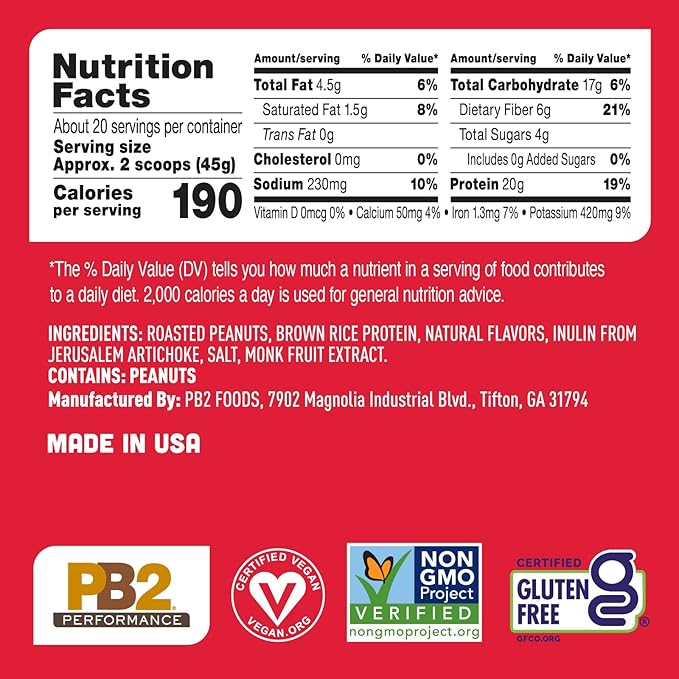 PB2 Performance Peanut Plant Based Vegan Protein Powder | 20g Complete Protein No Added Sugar Prebiotic Fiber | Dairy Free Certified Vegan Non-GMO Gluten Free [Peanut w/Madagascar Vanilla 2LB]