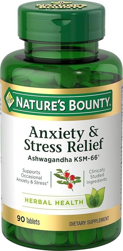 Nature's Bounty Stress Relief Ashwagandha KSM-66 Supports Occasional Stress Relief Dietary Supplement 2 Tablets per Day Vegetarian Tablets Gluten Free 90 Ct