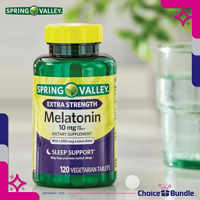 Spring Valley Extra Strength Melatonin Tablets with Lemon Balm Dietary Supplement for Sleep Support 10 mg 120 Ct 2 pk (240 Total) + Vitamin Vitality &amp Pill Container (4 Items)!