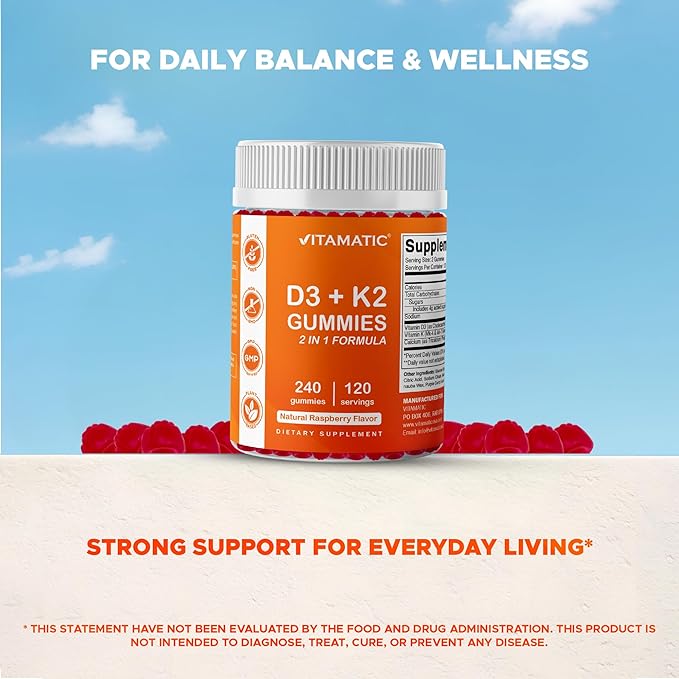Vitamatic Vitamin D3 K2 with Calcium Gummies - 240 Count - Non-GMO Gluten Free