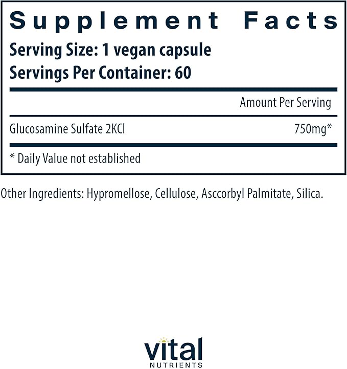 Vital Nutrients Vegan Glucosamine Sulfate 750mg - Healthy Cartilage Mobility and Joint Support Supplement - Vegetable Source of Glucosamine - Gluten Dairy Soy Free - Non-GMO - 60 Capsules