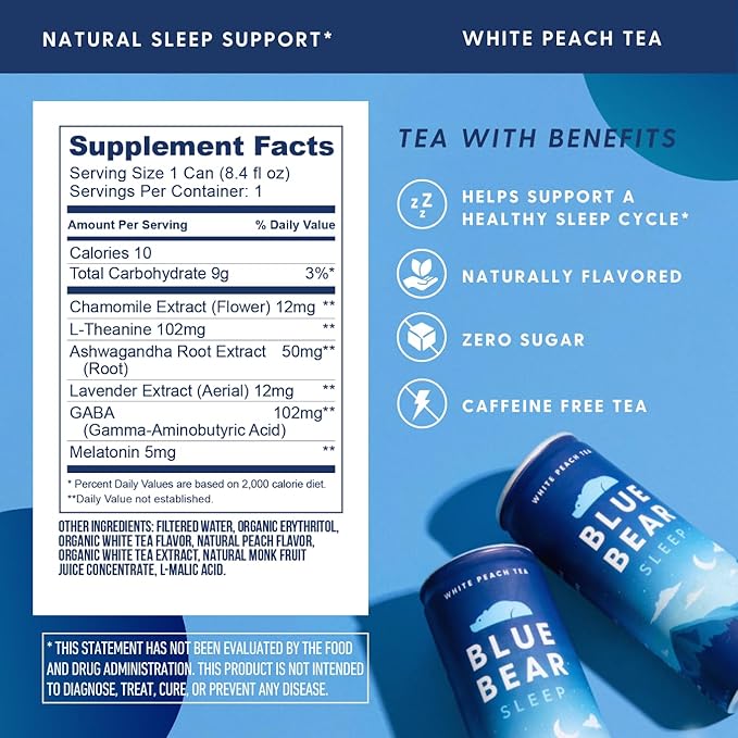 Blue Bear Melatonin Sleep Drink Sleep Tea for Bedtime Support White Peach Tea with Melatonin (5mg) Lavender Ashwagandha Chamomile GABA L-Theanine Caffeine-Free Zero Sugar 8.4 Fl Oz 12-Pack