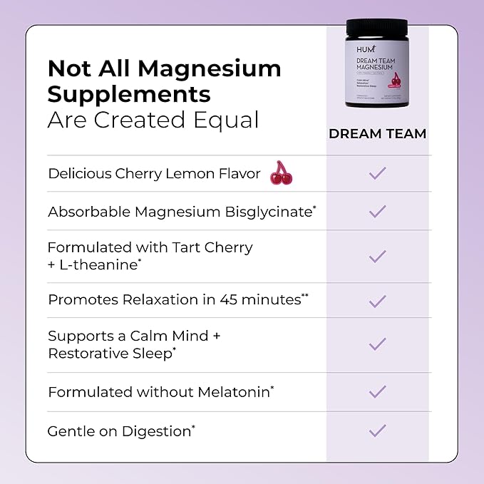HUM Nutrition Flatter Me Fiber + Dream Team Magnesium Powder Bundle – Digestive Support Fiber &amp Magnesium Bisglycinate Drink Mix with L-Theanine &amp Tart Cherry Cherry Lemon 2-Product Wellness