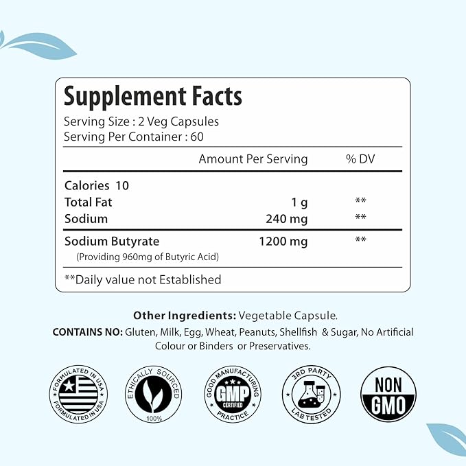 Sodium Butyrate Supplement 1200mg Yielding 960mg Butyric Acid 120 Vegan Capsules 2 Month Supply Non-GMO &amp Gluten Free Postbiotic Supplement