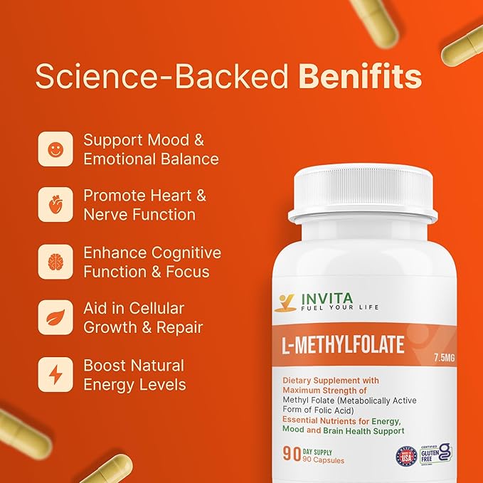 INVITA L-Methylfolate 7.5mg – Physician Formulated Active Methyl Folate - 5-MTHF Supplement for Energy Mood &amp Brain Health Support - Non GMO Gluten Free 90 Capsules (3 Month Supply)