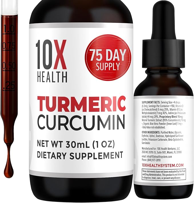 10X Health Turmeric Curcumin Supplement with Vitamin D3 &amp B12-30mL High Absorption Turmeric Supplement for Joint Supplements for Women Immunity &amp Heart Health - Curcuma Curcumin Supplements