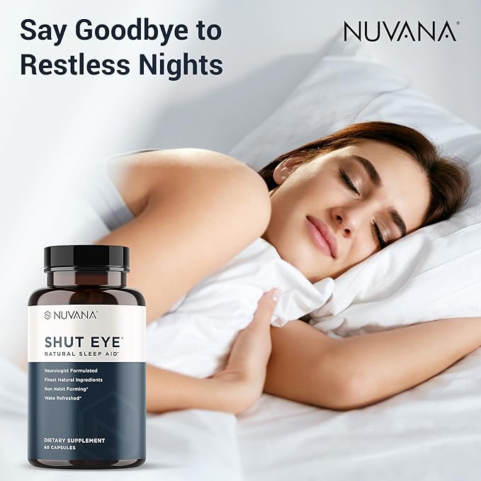 Shut Eye Natural Sleep Aid Supplement for Adults | 5mg Melatonin | Helps Relax and Promote Natural Deep Sleep with Valerian Root Chamomile &amp Magnesium | Vegan &amp Non-GMO | 60 Capsules