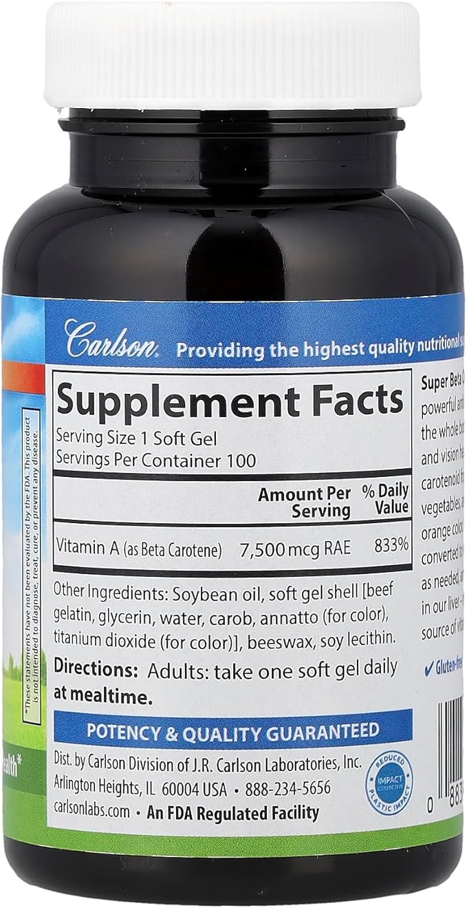 Carlson - Super Beta Carotene 25000 IU (15 mg) Vitamin A as Beta Carotene Bioavailable and Bioactive Form Vision Health Healthy Skin 100 Softgels