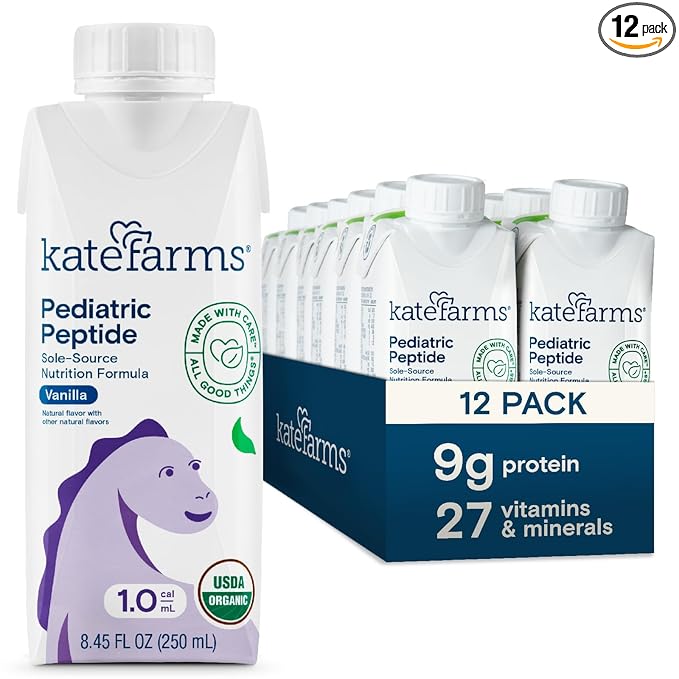 KATE FARMS Organic Pediatric Peptide 1.0 Formula Vanilla Sole-Source Hydrolyzed Plant-Based Nutrition for Oral or Tube Feeding 8.45 oz (12 pack)