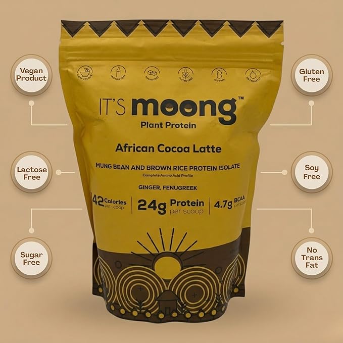 It’s Moong Plant Protein Powder African Cocoa Latte | Mung Bean &amp Brown Rice Isolate with Ginger &amp Fenugreek 24g Protein 4.7g BCAAs | Vegan Gluten Free Soy Free Sugar Free | 17.64 oz (500
